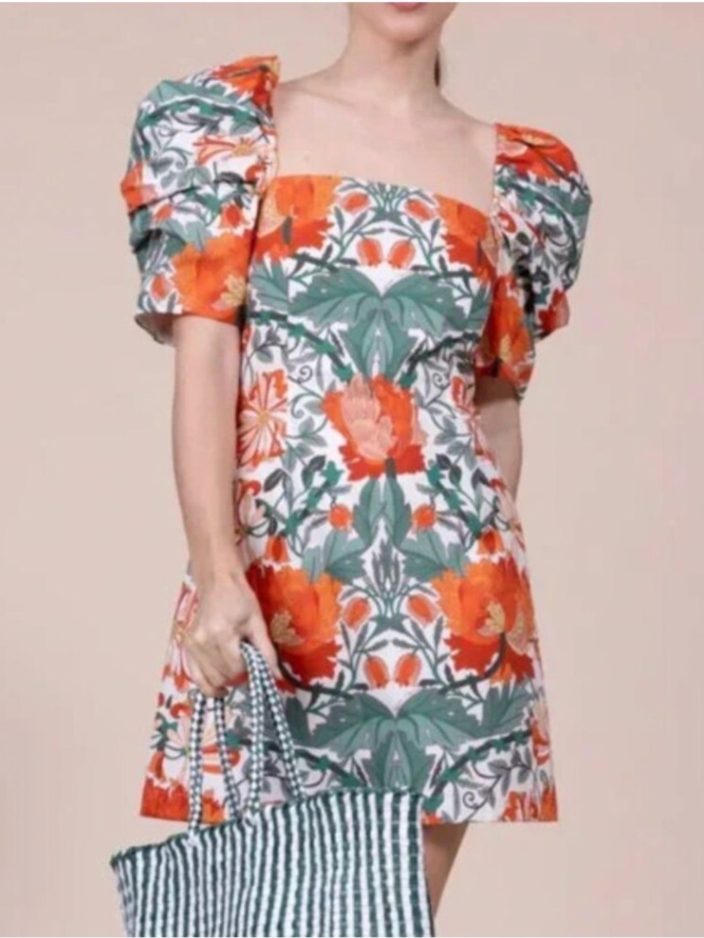 NWT Cara Cara Kelly Orange & Green Puff-Sleeve Floral Mini Dress